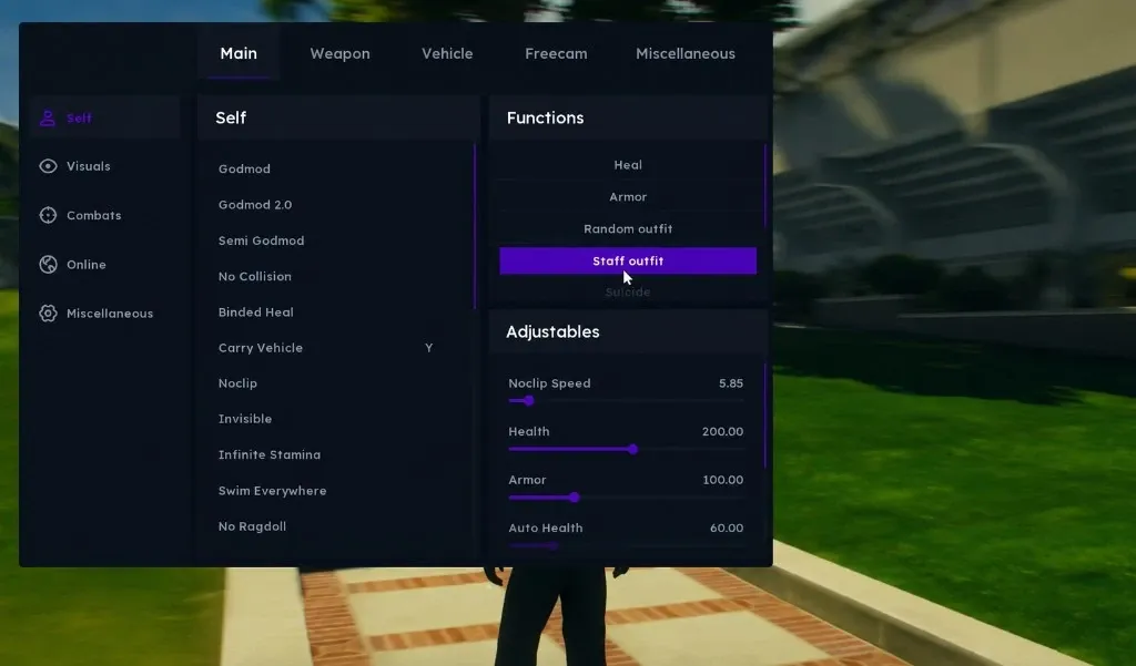 FiveM Cheats mod menu — self, visuals, combat toggles, and adjustable sliders